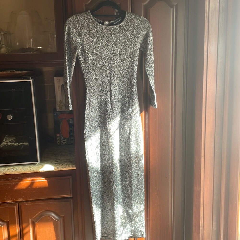French Connection size 2 long black and silver dress.
